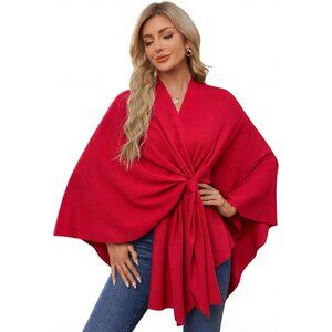 Women's Red Elegant Open Poncho Sweater For Spring Fall Winter Shawl Wraps